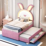 Lit gigogne 90x200+90x190cm, lit enfant capitonné en tissu velours, avec tiroir de rangement, tête de lit LED avec oreilles de lapin, rose