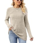 Famulily Long Sleeve Tops Ladies Lightweight Knitted Jumpers, Oversized Round Neck Plain Casual Sweatshirts (XXL, Khaki)