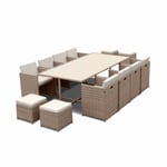 Salon de jardin 8-12 places – Vabo – Coloris Beige. Coussins Beige. table encastrable