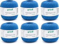 Gründl Laine Häkelgarn 100 (Fil à Crocheter en 100% Coton mercerisé, 100 g / 566 m, Taille d'aiguille : 1,5-2, 6 x 100 g), Bleu Royal