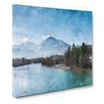 Mountain Above The Lake Painting Modern Canvas Wall Art Print Ready to Hang, Framed Picture for Living Room Bedroom Home Office Décor, 20x20 Inch (50x50 cm)