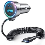 USB C Car Charger, 60W Super Fast Car Charger PD&QC3.0 &PPS Fast Charging with 5ft Type C Coiled Cable, 3 Fast Port Cigarette Lighter Usb Charger for iPhone 16/15/ Samsung S24/iPad Pro All Phones