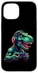 Coque pour iPhone 15 Gaming Dinosaurs- Le T-rex joue aux jeux vidéo