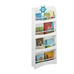 Bibliothèque enfants, hlp : 124 x 50,5 x 15 cm, 4 étagères, mdf, range-livres marin pour enfants, blanc / bleu - Relaxdays