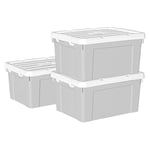 Cetomo Lot de 3 boîtes de rangement en plastique de 45 l x 3 cm, boîtes de rangement avec couvercle durable et boucles de verrouillage sécurisées, empilables et emboîtables, gris avec boucle