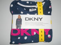 DKNY Ladies Pyjama Set stretch fleece lounge set PJ Small navy blue and pink