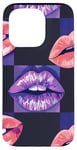 Coque pour iPhone 15 Pro Violet Abstrait Damier Rose Rouge à Lèvres Motif Baiser