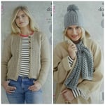 Knitting Pattern Ladies Lace Panel Cardigan Hat &scarf Drifter Dk King Cole 5479