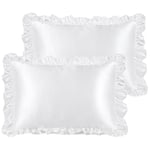 PiccoCasa Satin Pillowcases for Hair and Skin, Retro Silky Pillow Cover with Luxury Ruffle and Envelope Closure Satin Pillow Cases 2 Pack White 50 x 75cm