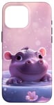 Coque pour iPhone 16 Pro Max Joli bébé hippopotame fond rose