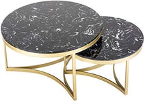 Home Accessories Table Furniture Set of 2 Nest of Tables - Black Nesting Tables Coffee Table Marble Top and Metal Legs Living Room Furniture Modern Design (1 Large and 1 Small) 70 * 70 * 40cm+55 *