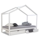 Cadre de Lit Maison 90x200 Cabane d'Enfant Sommier Blanc 2 Tiroirs Homestyle4u