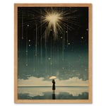 Falling Star Rain Dreamy Artwork Bright Star Wish Woman with Umbrella Fairytale Dreamscape Art Print Framed Poster Wall Decor 12x16 inch