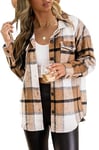 Zeagoo Veste chemise pour femme - Veste à carreaux - Manches longues - Manteau en flanelle - Blouse avec boutons, Marron/blanc., XL