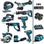 Makita - Pack 9 machines 18V 5Ah: DDF482 + DTD152 + DGA504 + DHR202 + DJR186 + DJV180 + DSS610 +DBO180+DKP180+4 batteries+sac