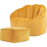 Icon - Pouf Fauteuil en Velours Sirena et Repose-Pieds, Poufs de Salon, Chambre, Adultes, Jaune Ocre