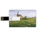 64G USB Flash Drives Credit Card Shape Windmill Decor Memory Stick Bank Card Style Country Landscape The Netherlands Spring Blooming Parsley Decorative,Green Light Coffee Light Blue Waterproof Pen Thu