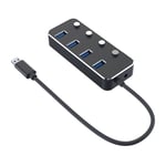 NÖRDIC 4-ports hubb USB 3.0 5Gbps med individuell switch 25cm kabel aluminium svart