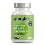 Oméga 3 (1000mg) avec Vitamine D3 (2000 UI) + K2 100 µg, 90 Gélules, Huile de Poisson (400mg d'EPA et 300mg de DHA) Fortement Dosée, Vit D3 Cholécalciférol + Vit K2 MK7, Sans Arômes et Additifs