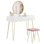 EUGAD Coiffeuse avec Tabouret Velours et Miroir Pivotant à 360°, 100x40x79cm, Table Cosmétique à 3 Tiroirs Effet 3D, Meuble Chambre Moderne en Bois et Métal, Blanc+Or, 0016SZT