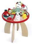 Janod - Table d'activités en Bois Baby Forest - Grand Jouet d'Éveil pour Encastrer, Empiler, Manipuler - Avec Labyrinthe, Boulier, Engrenage et 3 Animaux en Bois - Dès 1 an, J08018