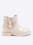 River Island Mini Mini Girl Ri Patent Bow Padlock Boots - Cream, Cream, Size 3 Younger