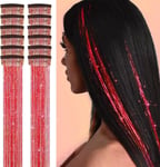 12Pcs Clip in Hair Tinsel Kit, 20.5 Inch Red Glitter Heat Resistant Hair Tinsel