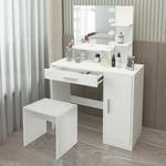 Ml-design - Coiffeuse Blanc avec Tabouret, Table de Maquillage avec Éclairage led, Miroir, Tiroir, 3 Compartiments, 90x38x137 cm, Armoire en Bois