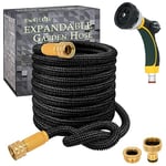 TheFitLife Expandable Garden Hose Pipe - Triple Core Latex and Solid Metal Fittings 8 Pattern Spray Nozzle EU Standard Expanding Kink Free Easy Storage Flexible Water Hose (100 FT, Black)