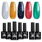 TOMICCA Vernis Semi Permanent, 5 Couleurs Vernis à Ongles Avec Base Coat &Top Coat No Wipe, Pailleté Vert Rouge Gold Noir Argent Gel UV Semi Permanent Soak Off Nail Art Kit, 7 x 8ml