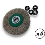 Lot de 6 brosses circulaires inox ø 125 mm Epaisseur 3 rangs Fil souple 0.20 mm ondulé Alésage 16 mm Touret meuleuse affûteuse ponceuse Brossage