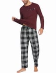 Ekouaer Pyjama Long en Coton pour Homme, Ensemble de vêtements de Nuit à col Rond, Chemise à Manches Longues et Pantalon de Pyjama Deux pièces avec Poche Rouge M