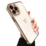 ZTOFERA Coque Compatible avec iPhone 15 Pro Max, Housse de Protection pour iPhone 15 Pro Max, Antichoc Coque en Silicone Souple Flexible Etui Coque avec Motif Coeur et Bordure Dorée, Blanc