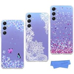 HopMore 3 Pièces Coque pour Samsung Galaxy A14 4G / 5G Étui Silicone Souple Transparent Housse de Protection Ultra Fine Antichoc Case Cover pour Fille & Femme avec Motif, Papillons, Fleurs, Cœurs