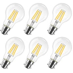 B22 LED Filament Bayonet Bulb, 6.5W GLS Energy Saving Bulbs, Retro Glass A60 LED Bulbs,60W Equivalent, 806Lm, 2700K Warm White A60 Clear Filament Bayonet Cap,Non-dimmable (6 PCS)