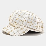 ZYM Women Plaid Tweed Hat With Ladies Girls Black Checks Octagonal Hats Female Newsboy Winter Hats-White