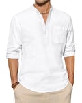 J.VER Mens Henley Linen Shirt Casual Grandad Collar Long Sleeve Shirt Lightweight Summer Cotton Beach Shirts with Pocket White 6XL