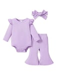 PATPAT Vêtements pour bébé femme – Body à manches longues pour bébé + pantalon évasé + bandeau pour cheveux, body bébé, combinaison enfant, cadeau pour bébé femelle, bébé femme 0-18 mois, aubergine,