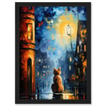 A Street Cat Named Desire Palette Knife Oil Painting Ginger Cat Village Night Artwork Framed Wall Art Print A4