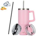 BAG.IT Travel Mug with Straw and Lid 40oz, Tumbler with Handle, Stainless Steel Travel Flask with +2 Straws & Lids | Leak Proof Coffee Stanle Cup for Hot or Iced Drink (Pink,1200ml)