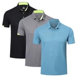 HUAKANG 3 Pack Mens Polo Shirts Short Sleeve Breathable Quick Dry Golf Polo Shirts Mens Running Sports Tee Top Gym Workout Polo T Shirts 0506-Black Grey Haze Blue-L