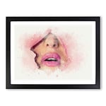 Pink Lips Breaking Through In Abstract Modern Art Framed Wall Art Print, Ready to Hang Picture for Living Room Bedroom Home Office Décor, Black A4 (34 x 25 cm)