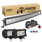 RIGIDON 32 Pouces 80 cm 405W incurvée barre de led 4x4 avec 12v faisceau de câblage kit, 2 x 5 Pouces 135W phare de travail led, Barre lumineuse led pour offroad Voiture camions ATV tracteur, 6000K