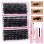 LYMYBETY Individual Eyelashes Kit 280Pcs Mixed 10-18mm D Curl 3D Wispy Lash Clusters Kit Natural Russian Cluster Lashes with Lash Bond and Seal and Lash Remover, Tweezers (70+80+90 KIT2, 10-18mm)