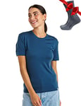 Merino.tech T Shirt Merinos Femme - Laine Merinos Chemise Femme + Chaussettes de randonnée en Laine mérinoss (Large, Denim Blue Crewneck)