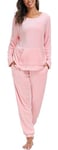 Vlazom Womens Pyjamas Set, Soft 2 Peices Warm Fleece Hooded Pyjamas for Ladies PJs Sets Sleepwear with Pockets Drawstring B-Pink,L