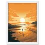 Walk into the Sunset Sand Beach Coastal Landscape Artwork Framed Wall Art Print A4