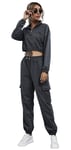 Forêtîle Survêtement Femme Gris Foncé Jogging Femmes Sport Ensemble Veste Courte Blouson Sexy Décontracté Tenue Casual Manches Longues Pantalon Suits 2pcs (L)