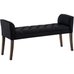 Banc banquette capitonné en tissu noir avec pieds en bois marron foncé largeur 133cm