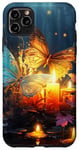 Coque pour iPhone 11 Pro Max Papillon orange et bleu, bougies de nuit, forêt, lucioles.